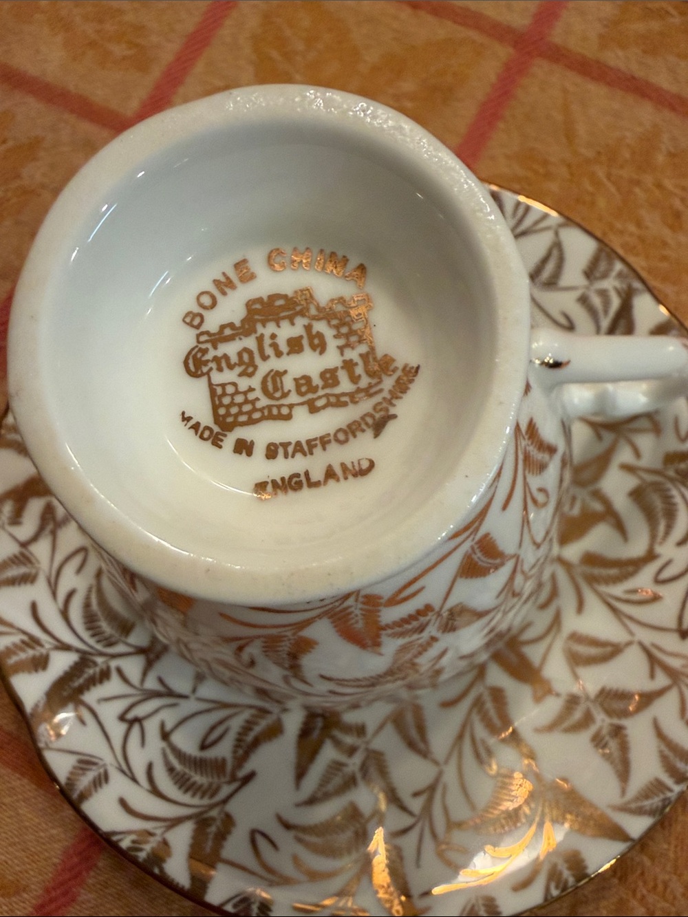 English Castle Bone China Teacup & Saucer - White with Gold Leaf Design